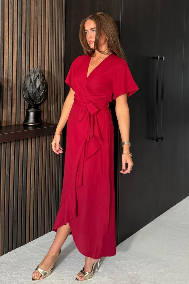 Farrah Split Hem Frill Detail Maxi Dress Wine Women Girl In Mind Maxi Dresses