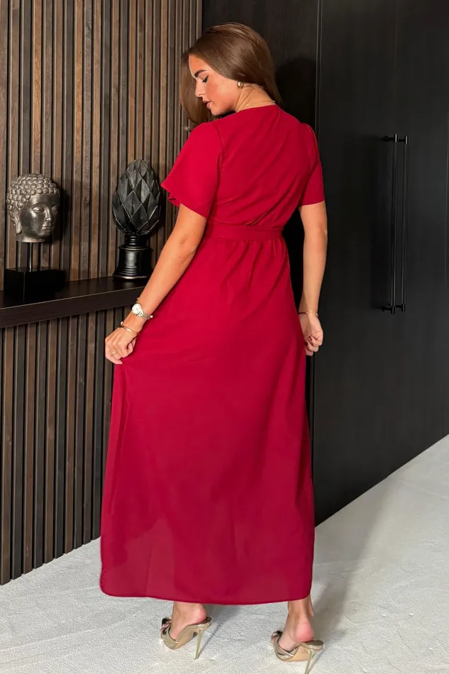 Farrah Split Hem Frill Detail Maxi Dress Wine Women Girl In Mind Maxi Dresses