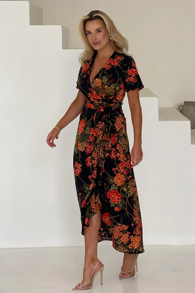 Farrah Split Hem Frill Maxi Dress In Brown Floral Women Girl In Mind Maxi Dresses