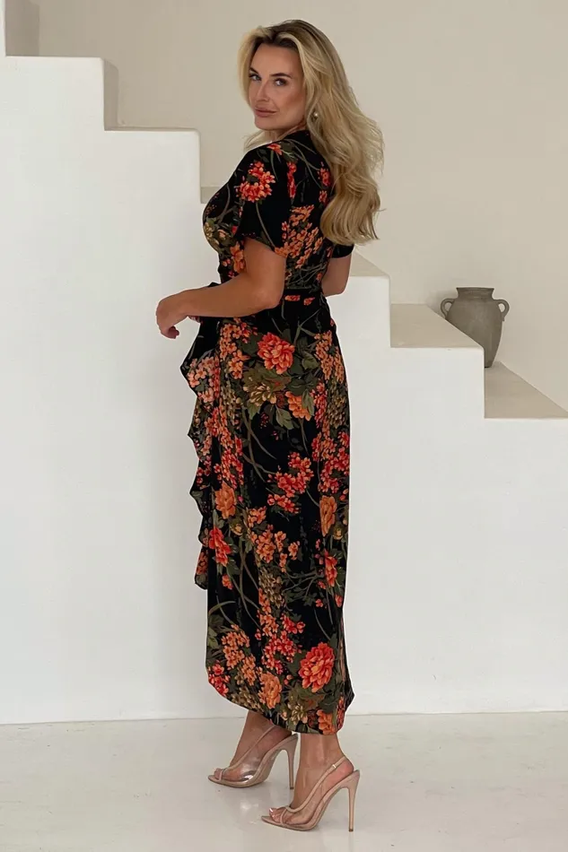 Farrah Split Hem Frill Maxi Dress In Brown Floral Women Girl In Mind Maxi Dresses