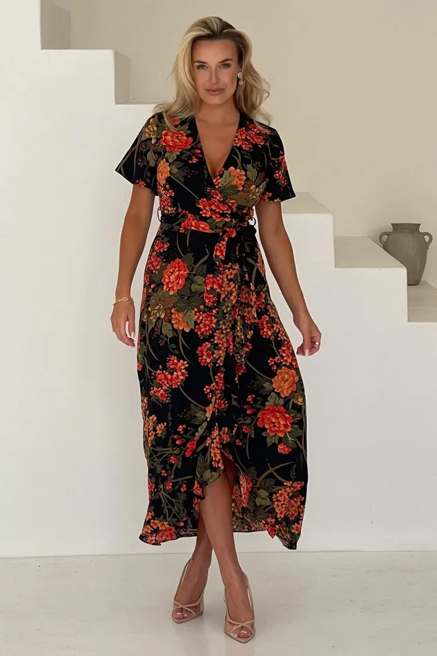 Farrah Split Hem Frill Maxi Dress In Brown Floral Women Girl In Mind Maxi Dresses