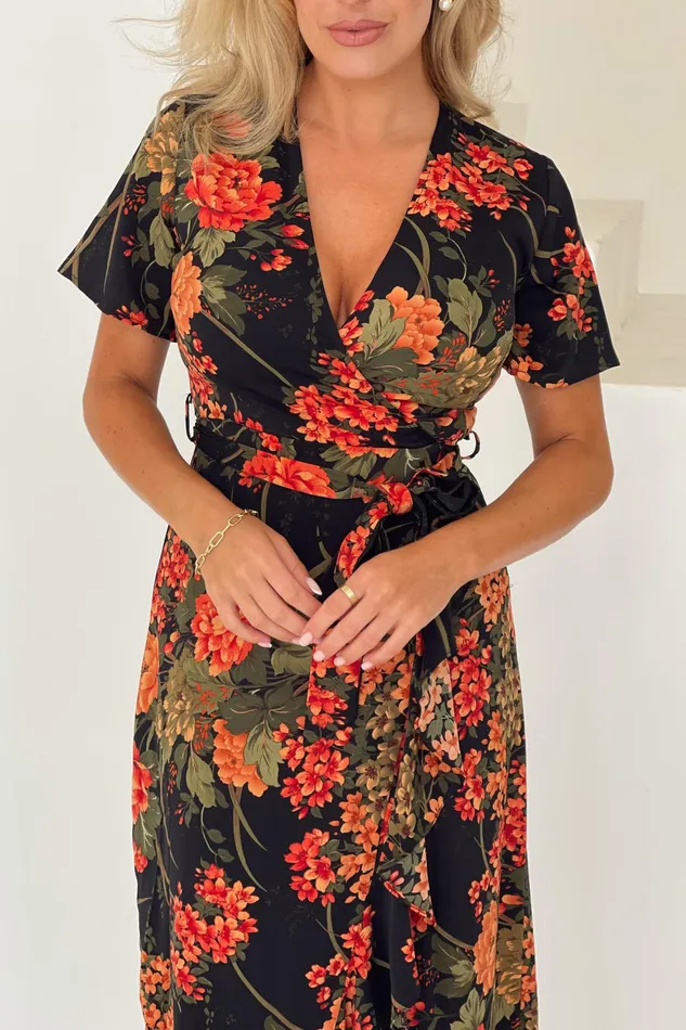 Farrah Split Hem Frill Maxi Dress In Brown Floral Women Girl In Mind Maxi Dresses