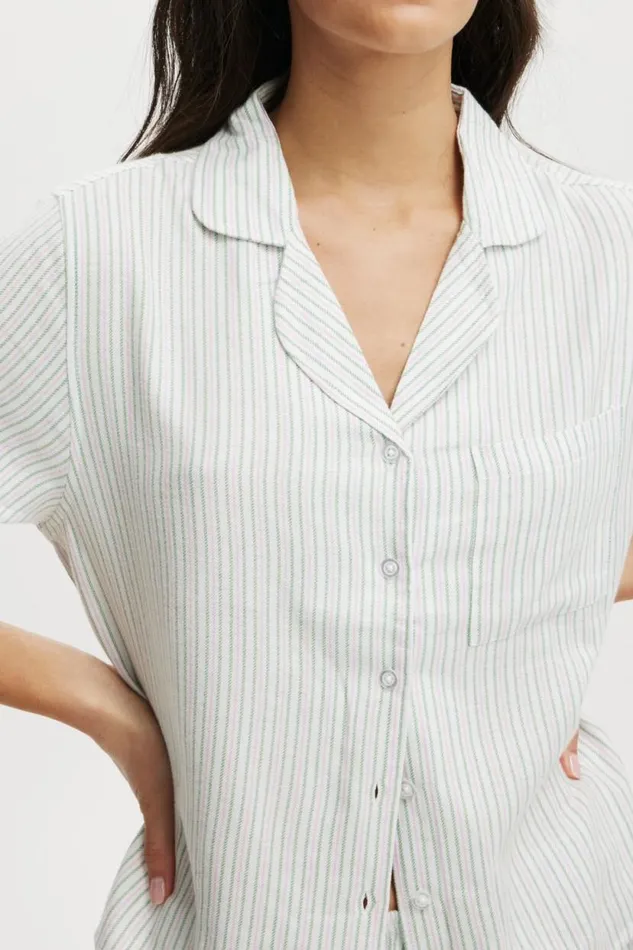 Flannel Short Sleeve Shirt And Short Sleep Set Greenpink Stripe Women Cotton On Pajamas Flannel Short Sleeve Shirt And Short Sleep Set Greenpink Stripe Women Cotton On Pajamas