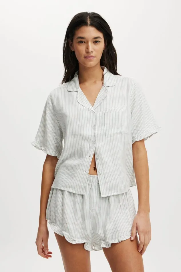 Flannel Short Sleeve Shirt And Short Sleep Set Greenpink Stripe Women Cotton On Pajamas Flannel Short Sleeve Shirt And Short Sleep Set Greenpink Stripe Women Cotton On Pajamas