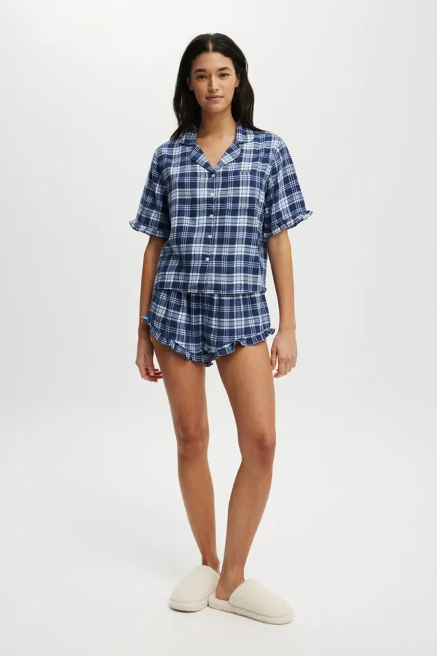 Flannel Short Sleeve Shirt And Short Sleep Set Navy Blue Check Women Cotton On Pajamas Flannel Short Sleeve Shirt And Short Sleep Set Navy Blue Check Women Cotton On Pajamas