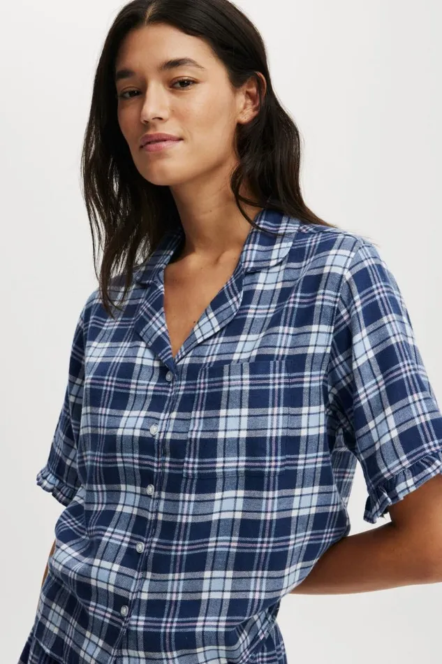 Flannel Short Sleeve Shirt And Short Sleep Set Navy Blue Check Women Cotton On Pajamas Flannel Short Sleeve Shirt And Short Sleep Set Navy Blue Check Women Cotton On Pajamas