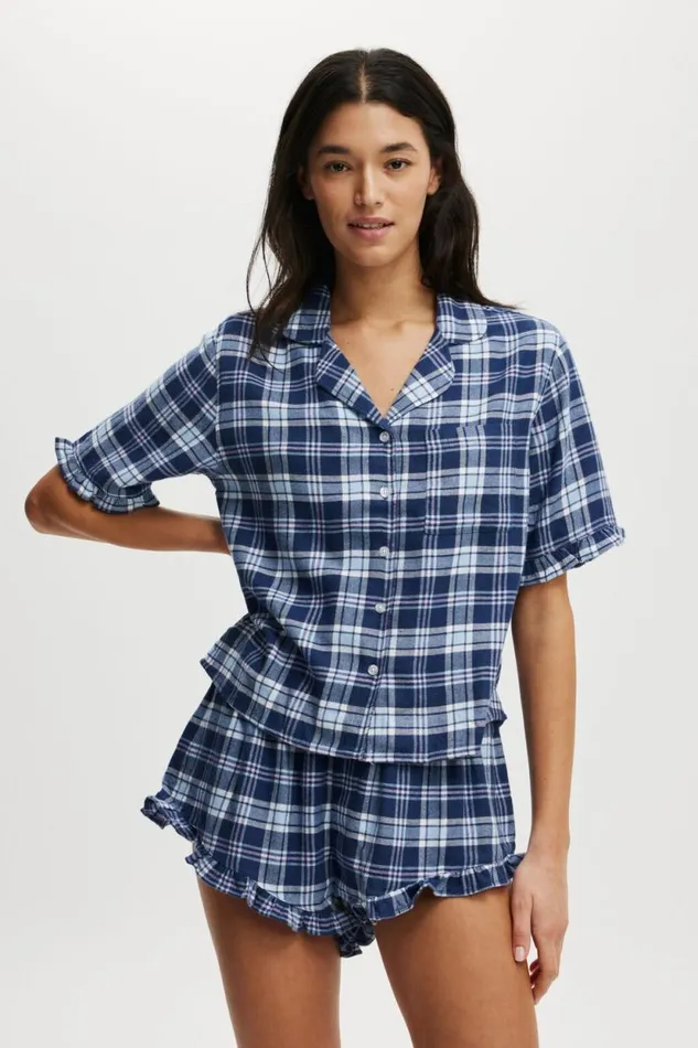 Flannel Short Sleeve Shirt And Short Sleep Set Navy Blue Check Women Cotton On Pajamas Flannel Short Sleeve Shirt And Short Sleep Set Navy Blue Check Women Cotton On Pajamas