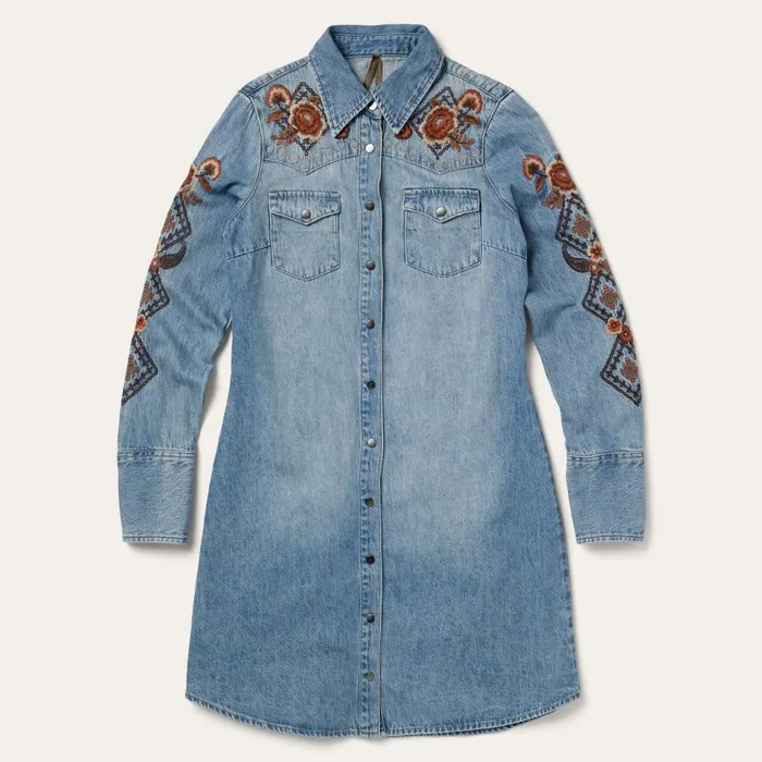 Floral Embroidered Denim Shirt Dress Blue Women Stetson Shirt Dresses