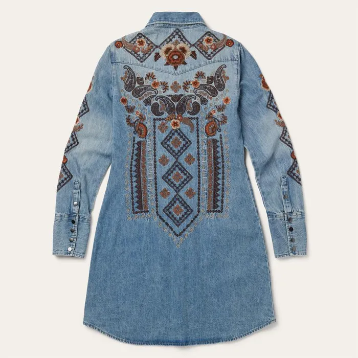 Floral Embroidered Denim Shirt Dress Blue Women Stetson Shirt Dresses