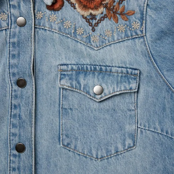 Floral Embroidered Denim Shirt Dress Blue Women Stetson Shirt Dresses