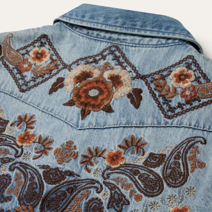Floral Embroidered Denim Shirt Dress Blue Women Stetson Shirt Dresses