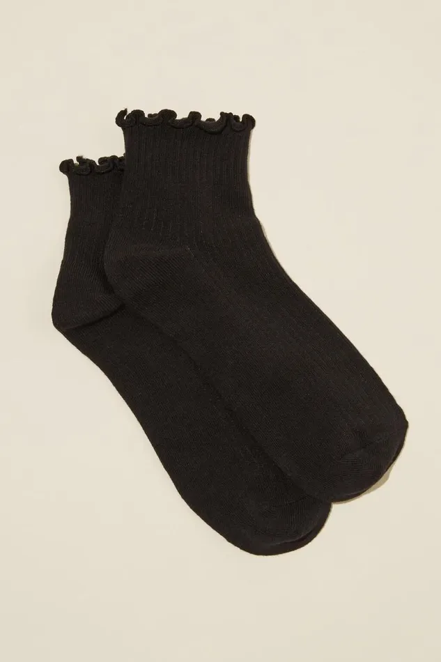Frill Ribbed Ankle Sock Black Women Cotton On Socks
