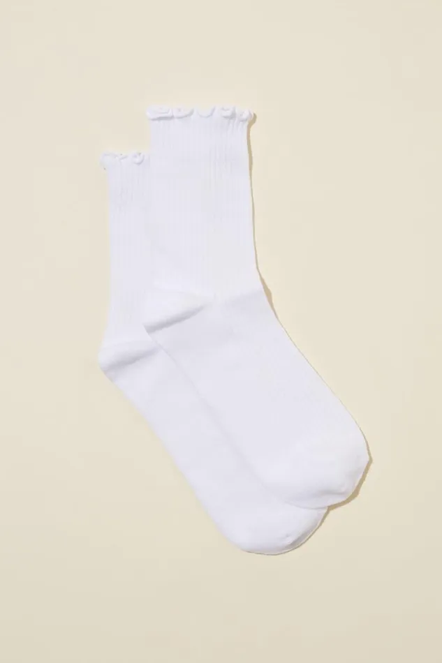 Frill Ribbed Crew Sock Solid White Women Cotton On Socks