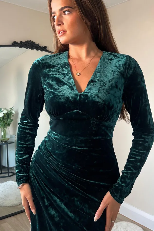 Hailey Green Velvet Asymmetric Wrap Midi Dress Women Girl In Mind Long Sleeve Dresses