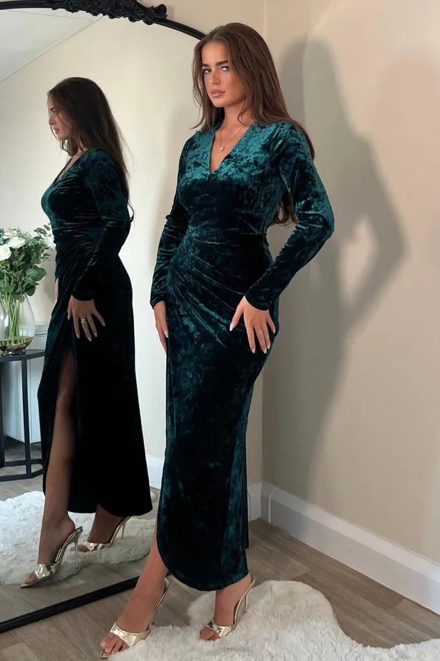 Hailey Green Velvet Asymmetric Wrap Midi Dress Women Girl In Mind Long Sleeve Dresses
