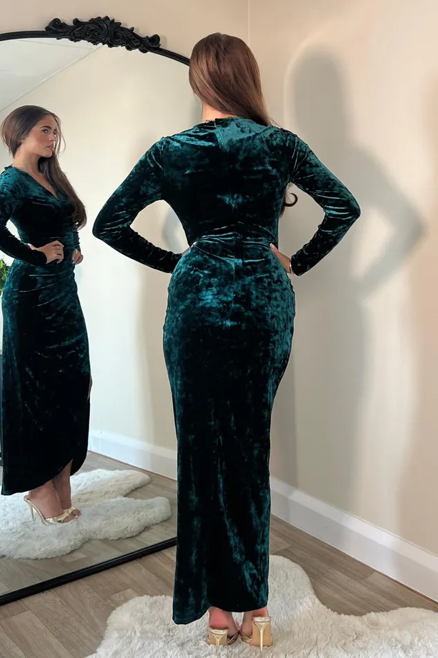 Hailey Green Velvet Asymmetric Wrap Midi Dress Women Girl In Mind Long Sleeve Dresses