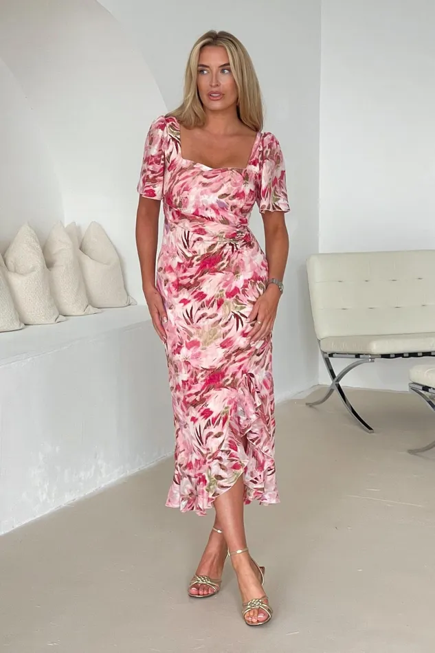 Heidi Multi Floral Ruched Midi Dress Women Girl In Mind Midi Dresses