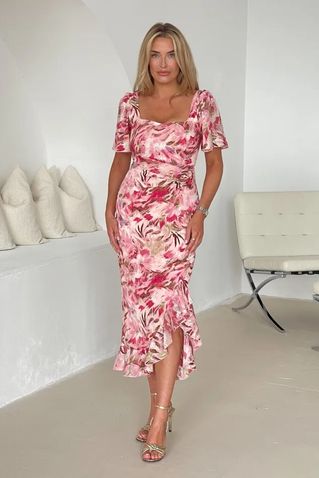 Heidi Multi Floral Ruched Midi Dress Women Girl In Mind Midi Dresses