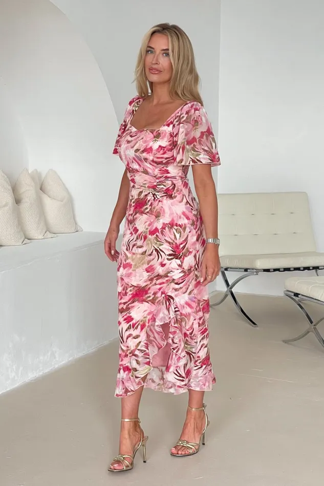 Heidi Multi Floral Ruched Midi Dress Women Girl In Mind Midi Dresses