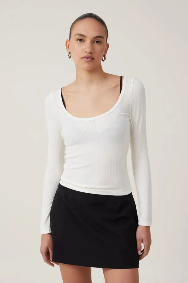 Heidi Picot Trim Long Sleeve Top Natural White Women Cotton On Tops