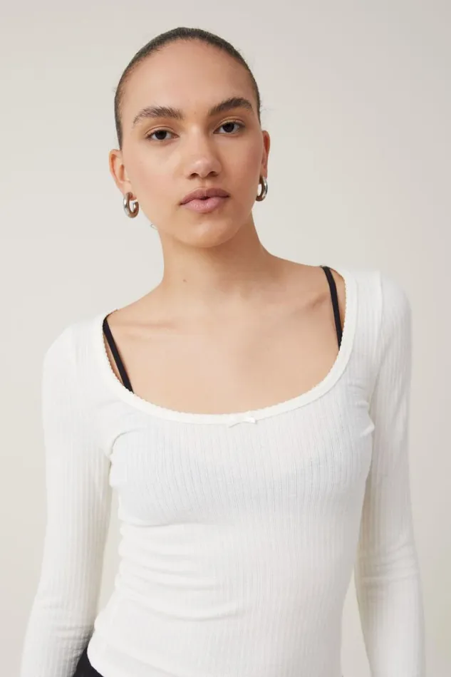 Heidi Picot Trim Long Sleeve Top Natural White Women Cotton On Tops