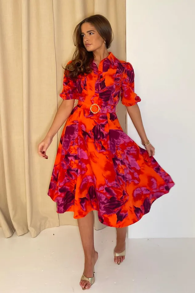 Holland Orange and Pink Floral Collar Midi Dress Women Girl In Mind Midi Dresses Holland Orange and Pink Floral Collar Midi Dress Women Girl In Mind Midi Dresses