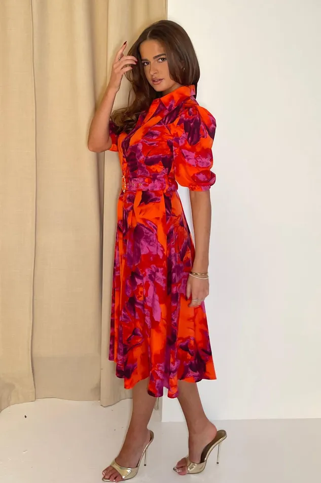 Holland Orange and Pink Floral Collar Midi Dress Women Girl In Mind Midi Dresses