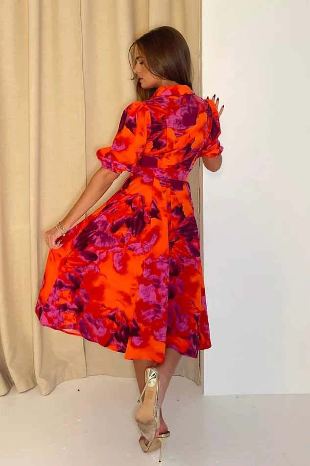 Holland Orange and Pink Floral Collar Midi Dress Women Girl In Mind Midi Dresses