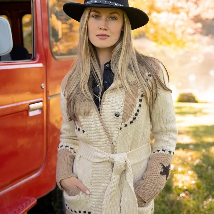 Horseshoe and Star Belted Cardigan White Women Stetson Sweaters