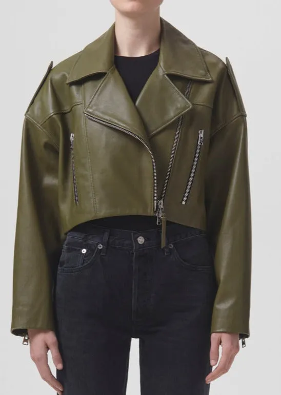Jackets and Outerwear Women Agolde Shoreditch Ski Club X AGOLDE Remi Leather Biker Jacket In Grass Jackets and Outerwear Women Agolde Shoreditch Ski Club X AGOLDE Remi Leather Biker Jacket In Grass