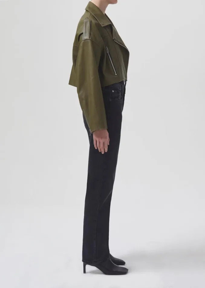 Jackets and Outerwear Women Agolde Shoreditch Ski Club X AGOLDE Remi Leather Biker Jacket In Grass