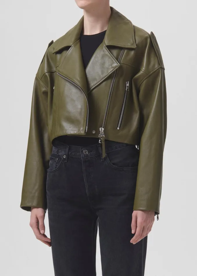 Jackets and Outerwear Women Agolde Shoreditch Ski Club X AGOLDE Remi Leather Biker Jacket In Grass
