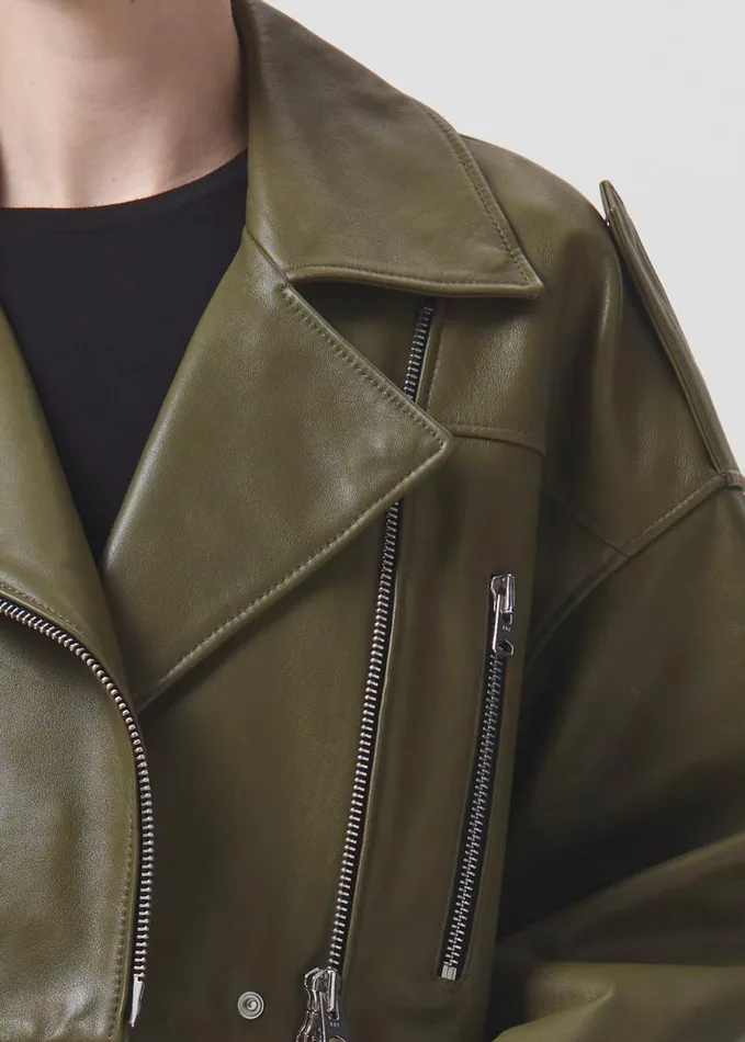 Jackets and Outerwear Women Agolde Shoreditch Ski Club X AGOLDE Remi Leather Biker Jacket In Grass