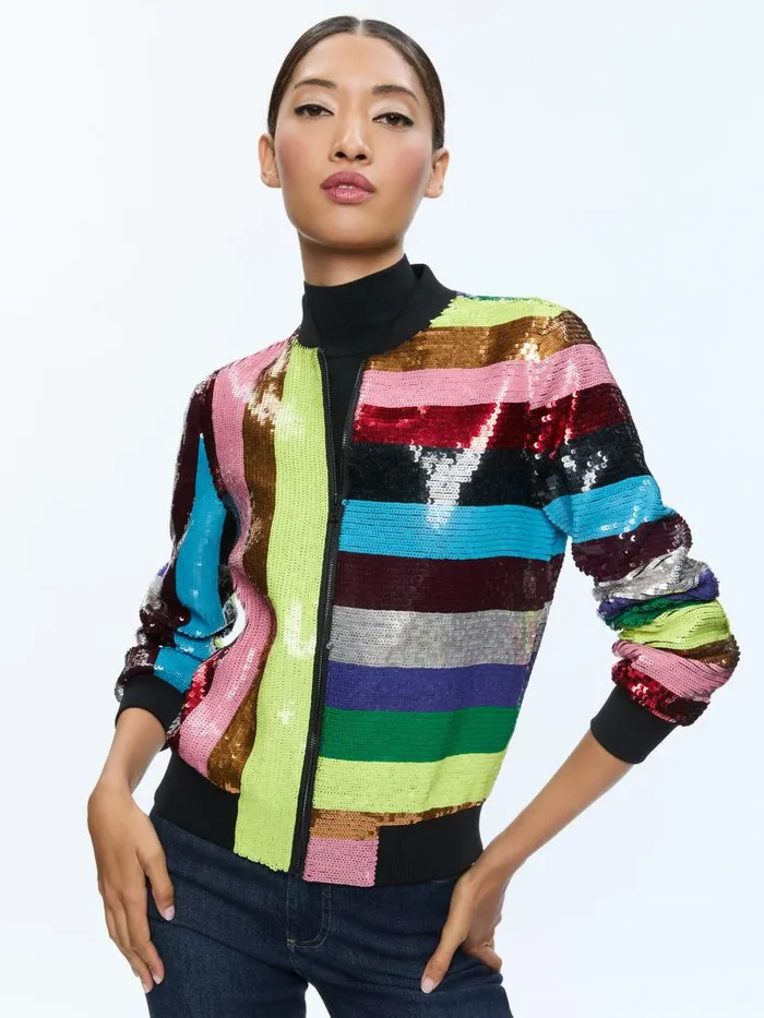 Jackets Coats Women Alice Olivia LONNIE SEQUIN CROPPED VARSITY JACKET Multi