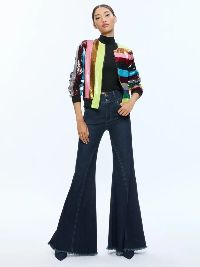 Jackets Coats Women Alice Olivia LONNIE SEQUIN CROPPED VARSITY JACKET Multi