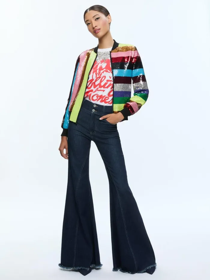 Jackets Coats Women Alice Olivia LONNIE SEQUIN CROPPED VARSITY JACKET Multi