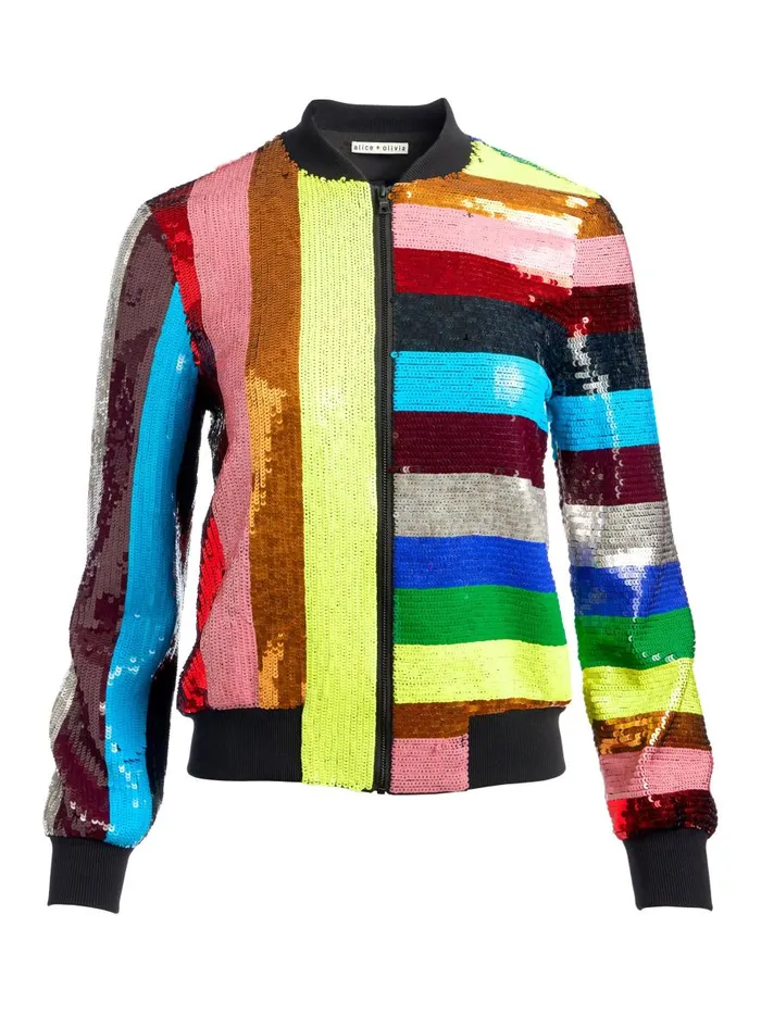 Jackets Coats Women Alice Olivia LONNIE SEQUIN CROPPED VARSITY JACKET Multi