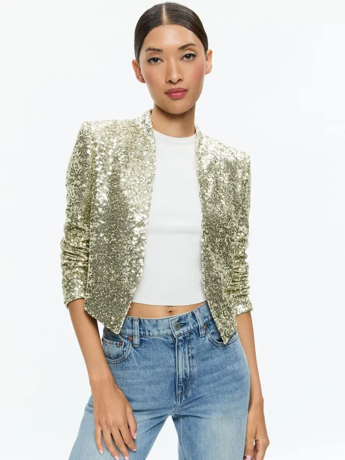 Jackets Coats Women Alice Olivia NEW HARVEY SEQUIN OPEN FRONT JACKET Champagnesilver