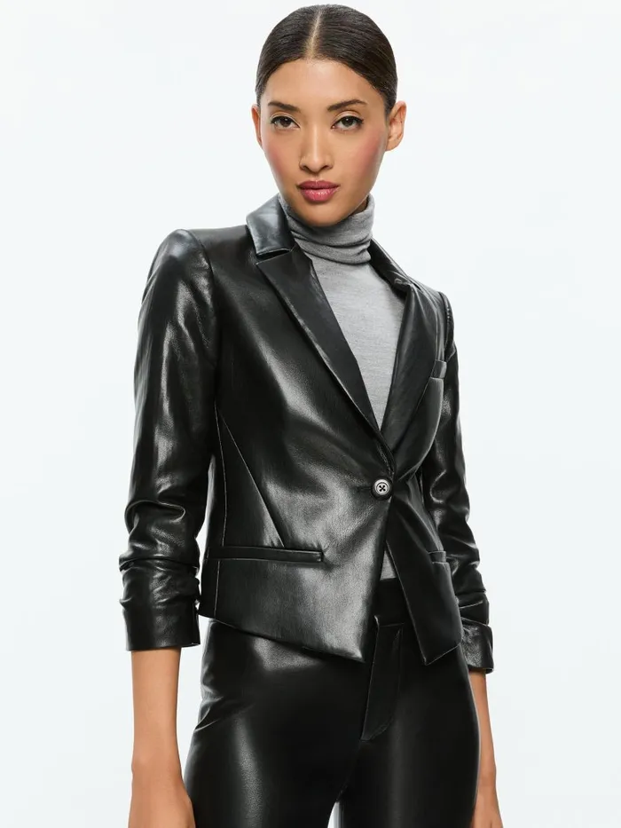Jackets Coats Women Alice Olivia VINNIE RUCHED SLEEVE VEGAN LEATHER FITTED BLAZER Black Jackets Coats Women Alice Olivia VINNIE RUCHED SLEEVE VEGAN LEATHER FITTED BLAZER Black