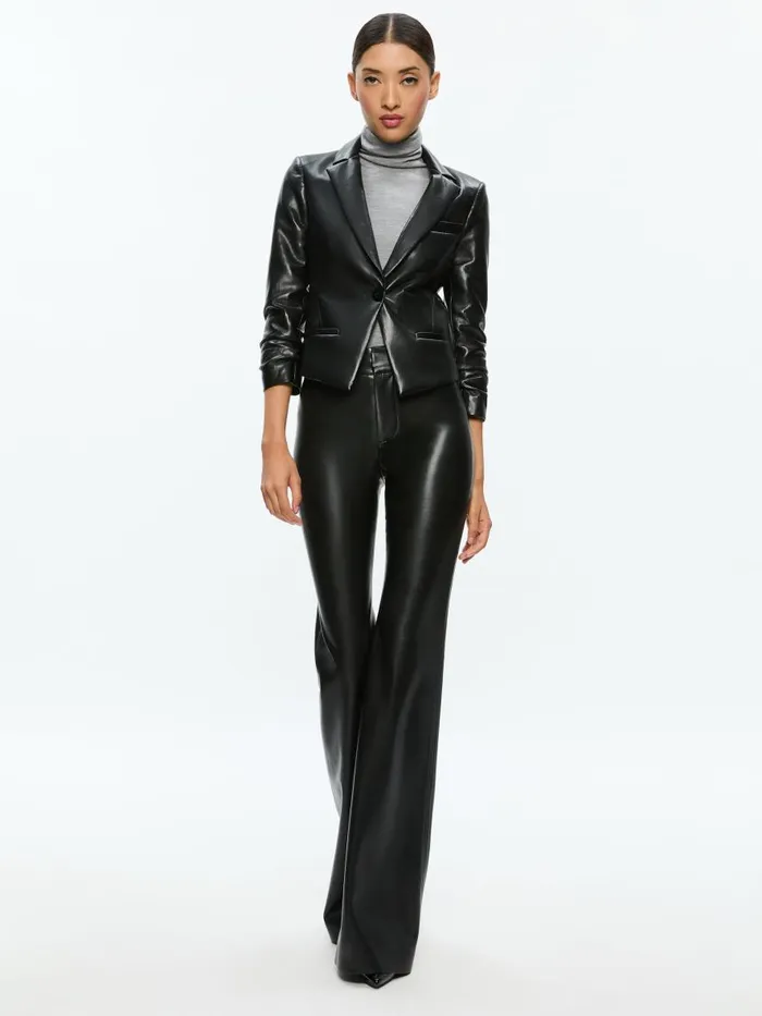 Jackets Coats Women Alice Olivia VINNIE RUCHED SLEEVE VEGAN LEATHER FITTED BLAZER Black
