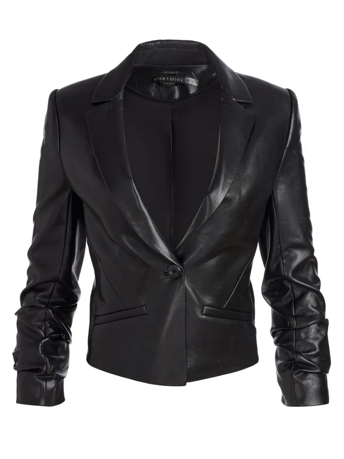 Jackets Coats Women Alice Olivia VINNIE RUCHED SLEEVE VEGAN LEATHER FITTED BLAZER Black