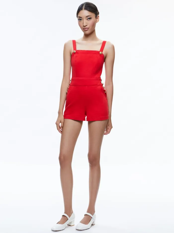 Jumpsuits Rompers Women Alice Olivia VITA DENIM ROMPER Bright Ruby