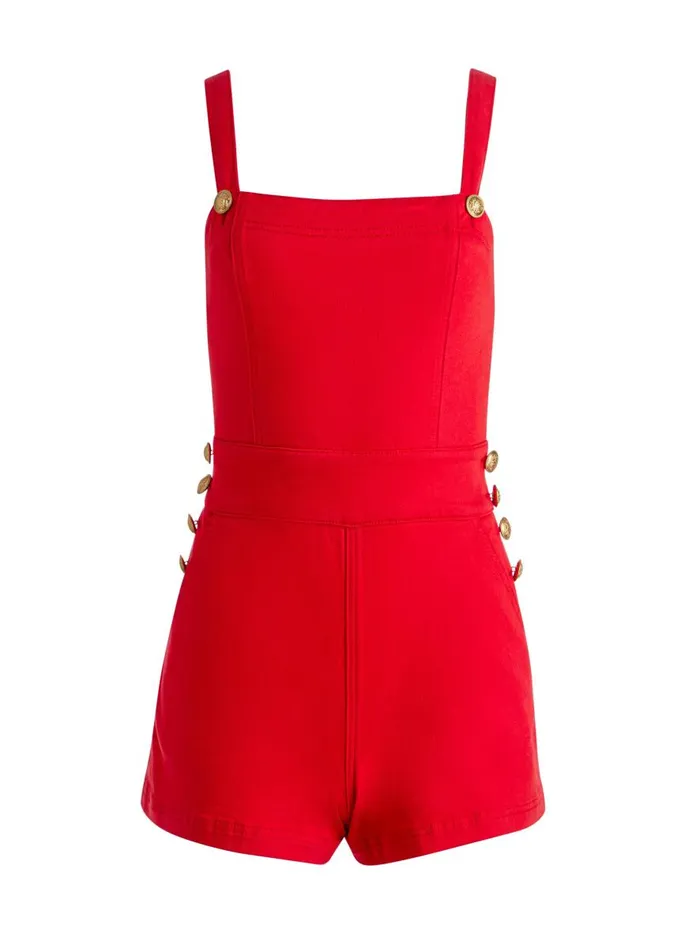 Jumpsuits Rompers Women Alice Olivia VITA DENIM ROMPER Bright Ruby