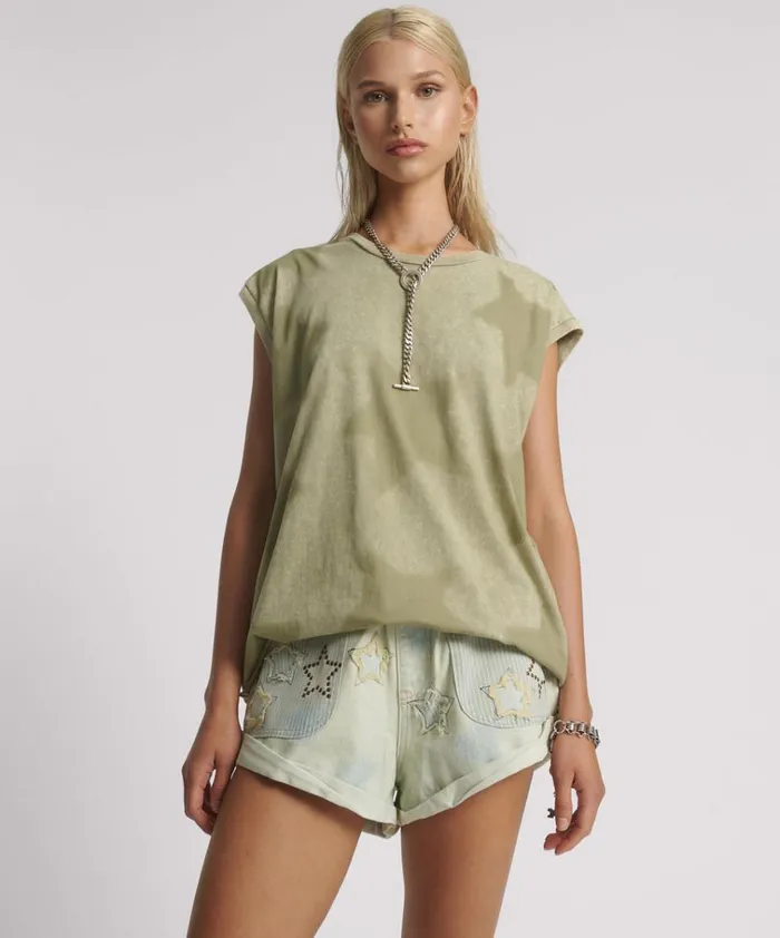 KHAKI STAR DUST OVERSIZED TANK Women One Teaspoon Tees and Tanks
