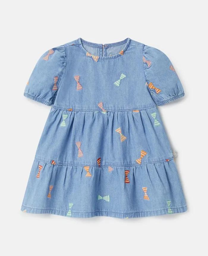 Kids Baby Girls Stella McCartney Striped Bow Print Denim Dress Blue