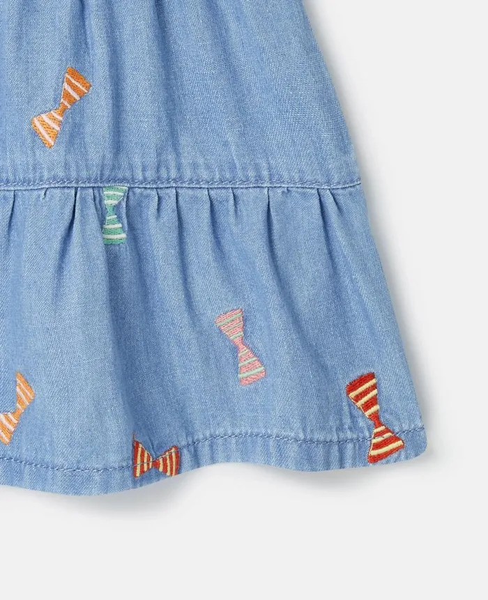Kids Baby Girls Stella McCartney Striped Bow Print Denim Dress Blue