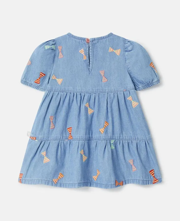 Kids Baby Girls Stella McCartney Striped Bow Print Denim Dress Blue