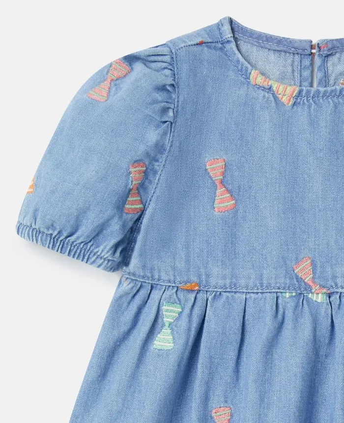 Kids Baby Girls Stella McCartney Striped Bow Print Denim Dress Blue