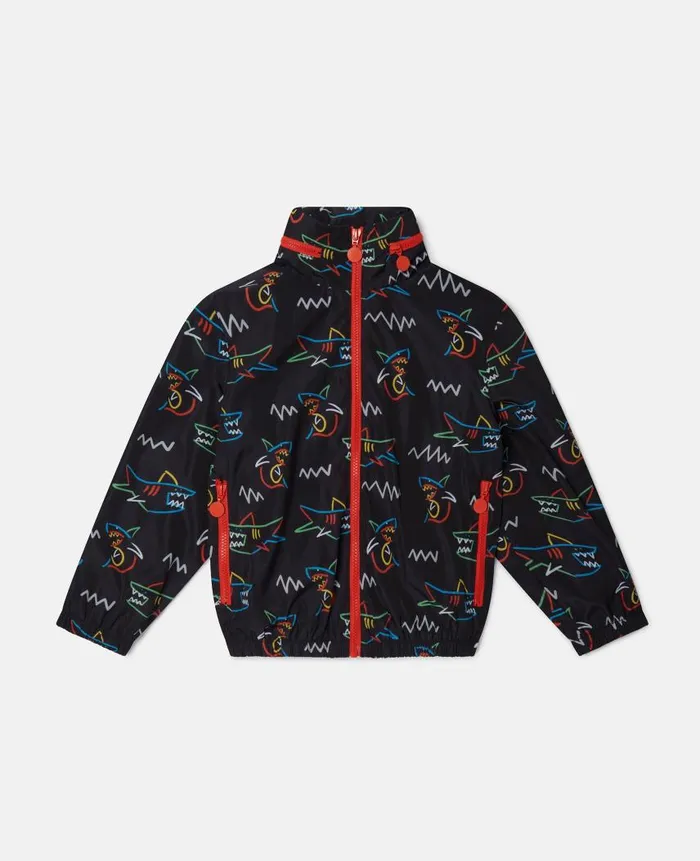 Kids Outerwear Stella McCartney Chalkboard Shark Print Hooded Jacket Black
