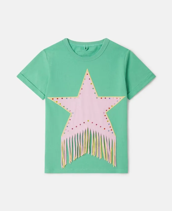 Kids TShirts And Tops Stella McCartney Fringed Star TShirt Green